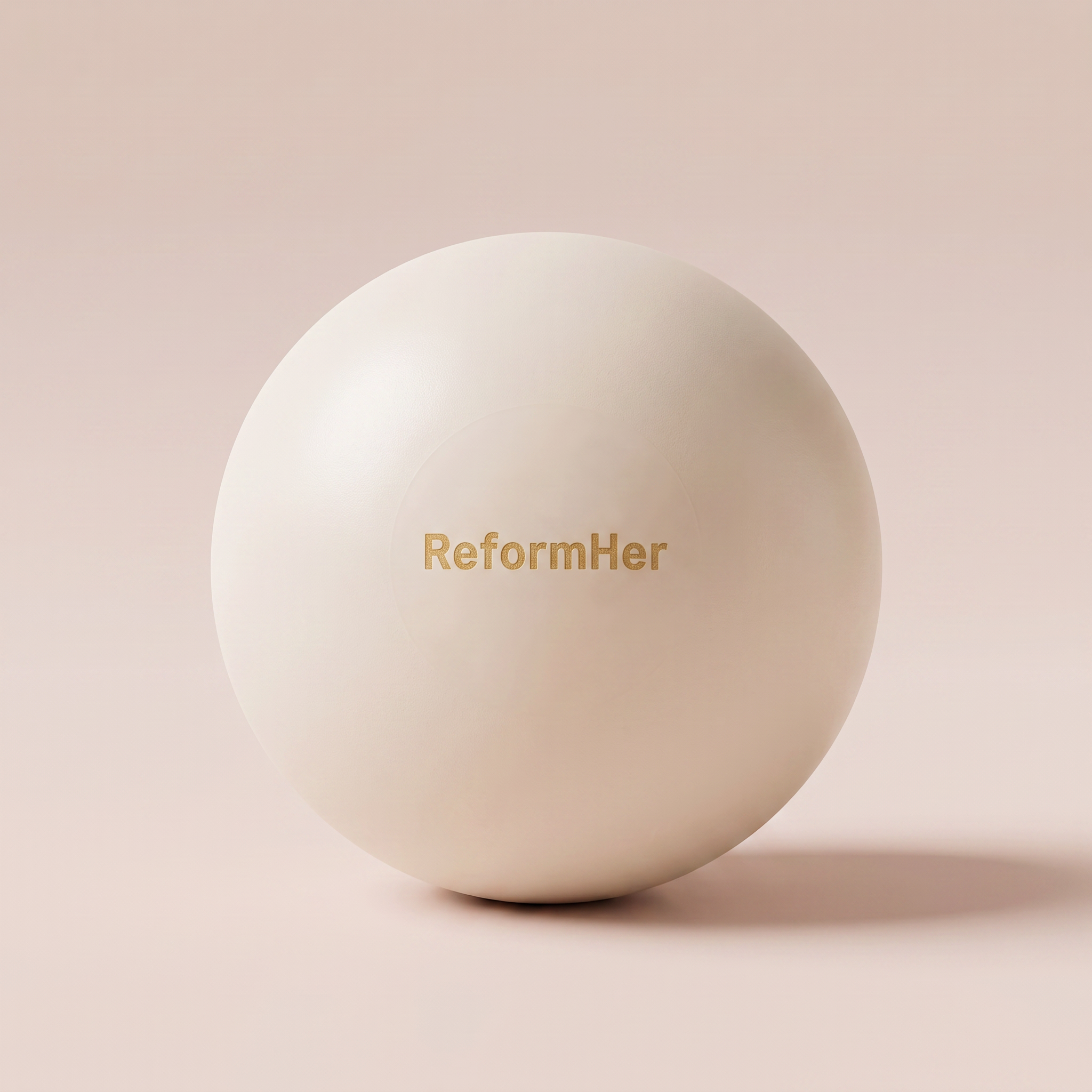 Beige yogaboll med logo som lyder ReformHer mot beige bakgrund