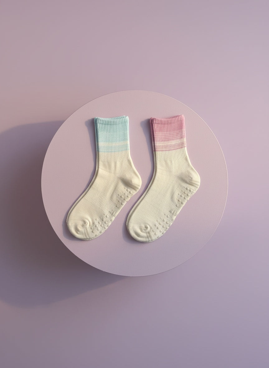 Pilatesstrumpor för kvinnor liggandes på rosa cylinder i solnedgång