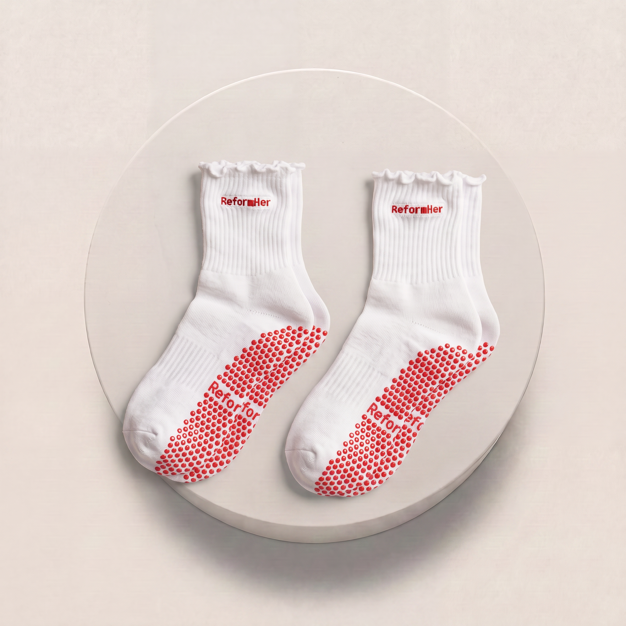 womans pilates grip socks in white and red