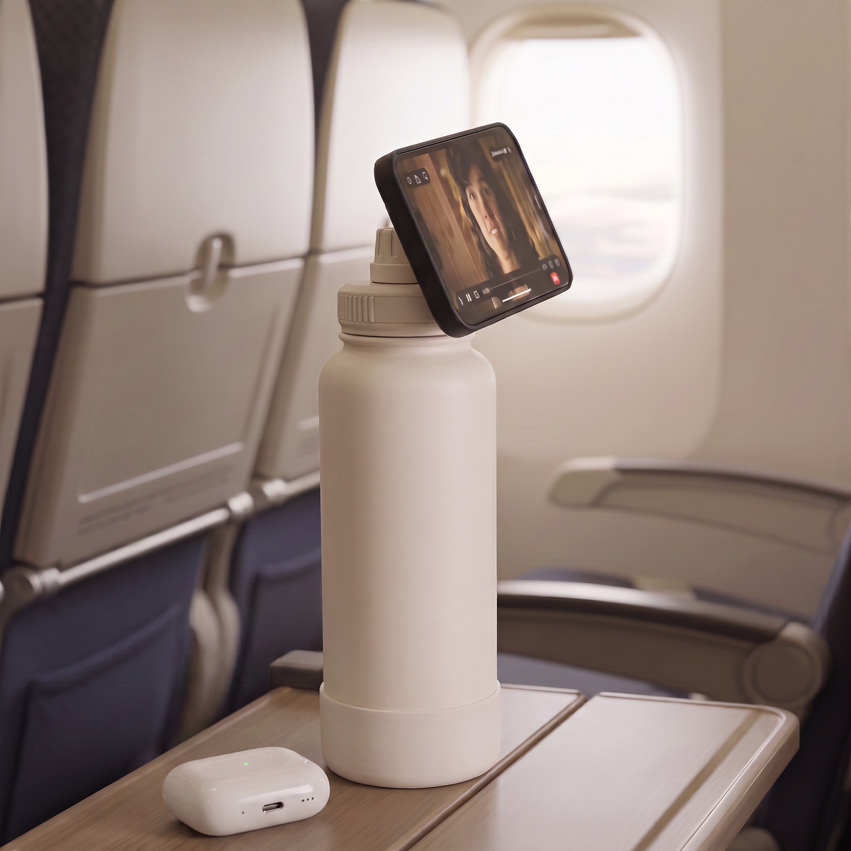 phone on airplane attached on water bottle