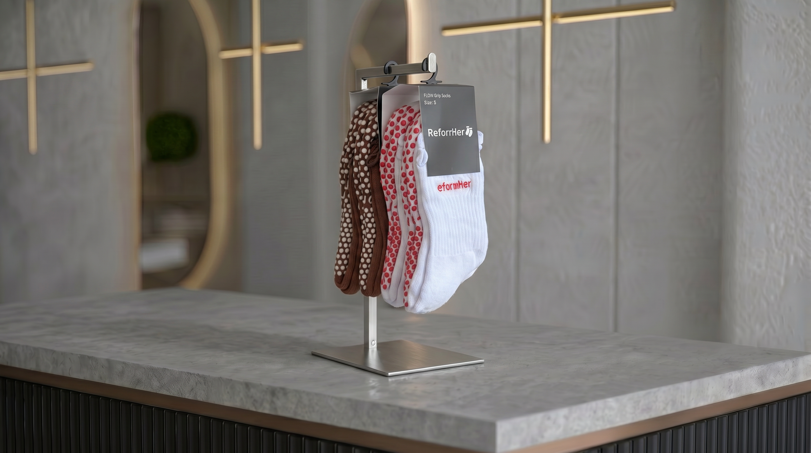 pilates grip socks on reception counter for busnisses